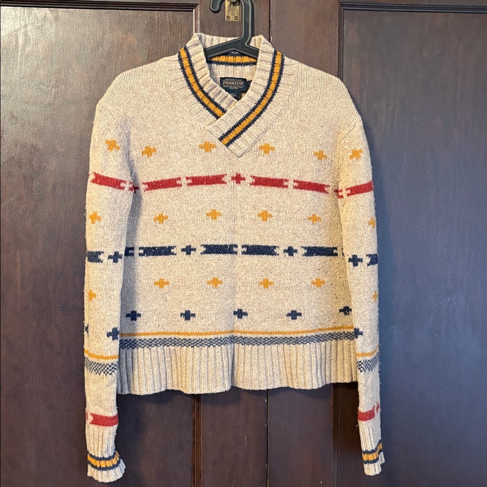 Pendleton Beige Sweater with Navy and Mustard Accents